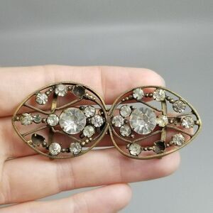 Vintage Czechoslovakia Rhinestone Belt Buckle, Prong Set, Bronze Color Setting
